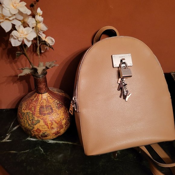 NEW DKNY Tan Backpack with Charms Stylish and Chic